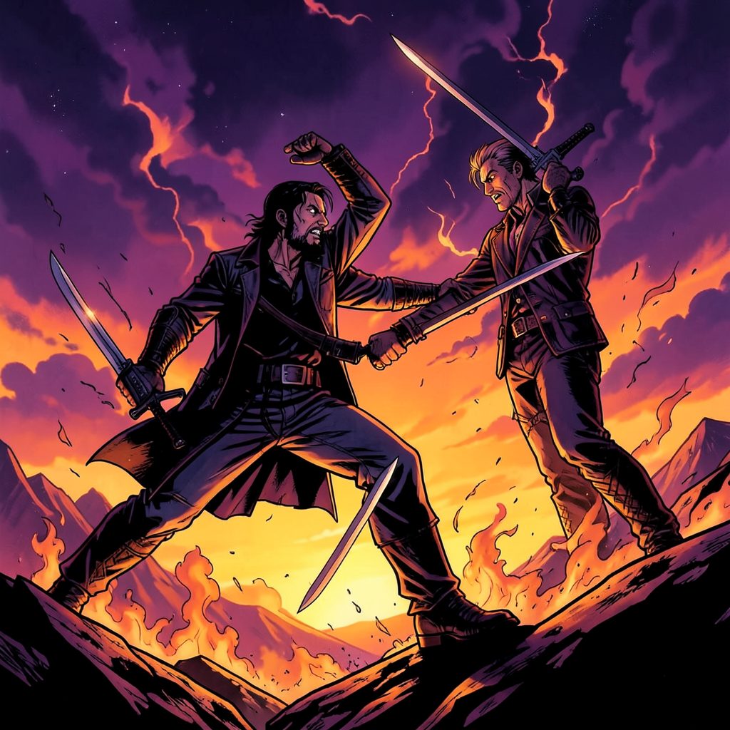 Climactic comic cover in fiery oranges and deep purples, a final confrontation under an alien sunset