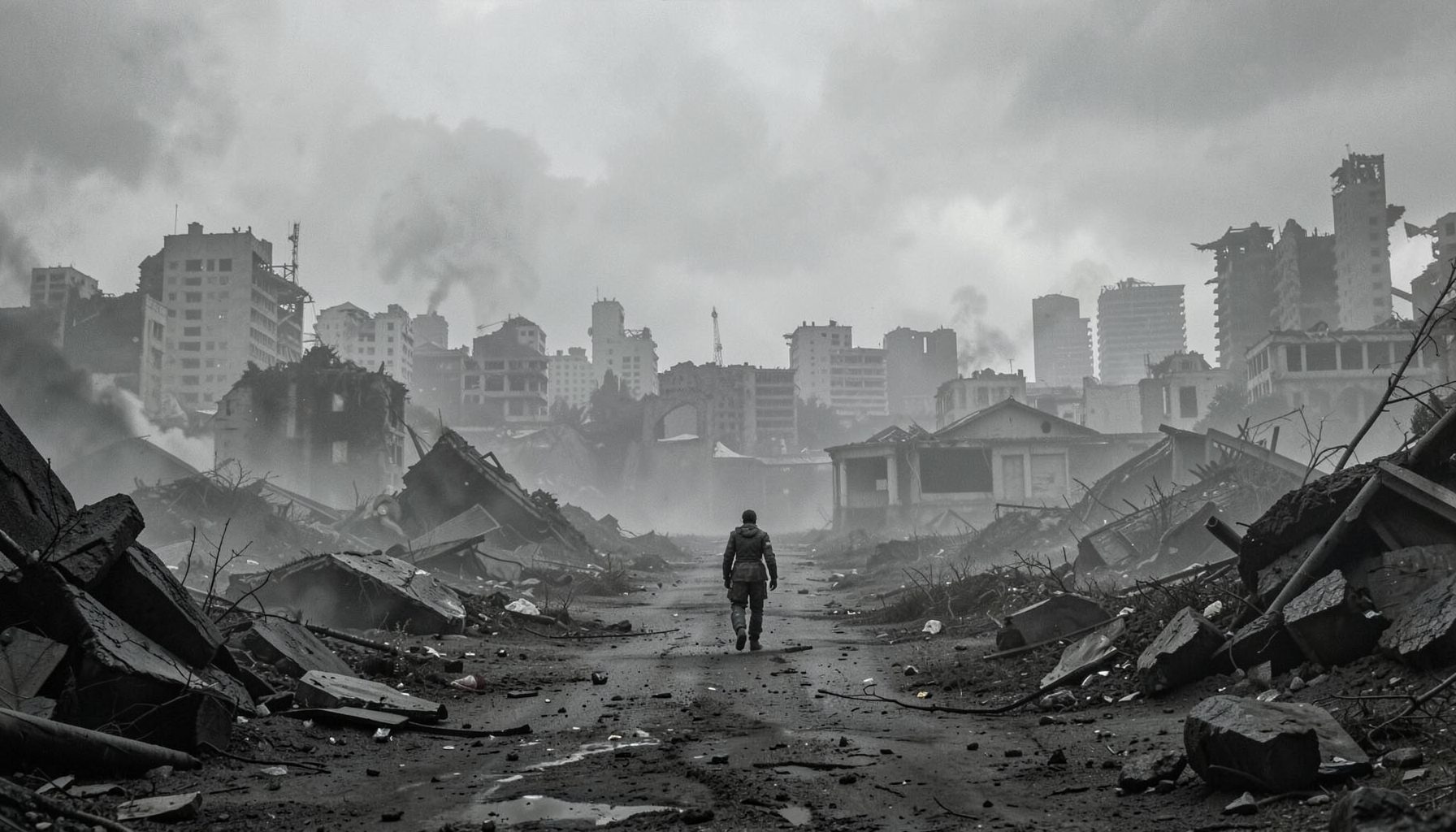 A desolate post-apocalyptic landscape in gray and ash tones, a lone figure walking toward a ruined city skyline