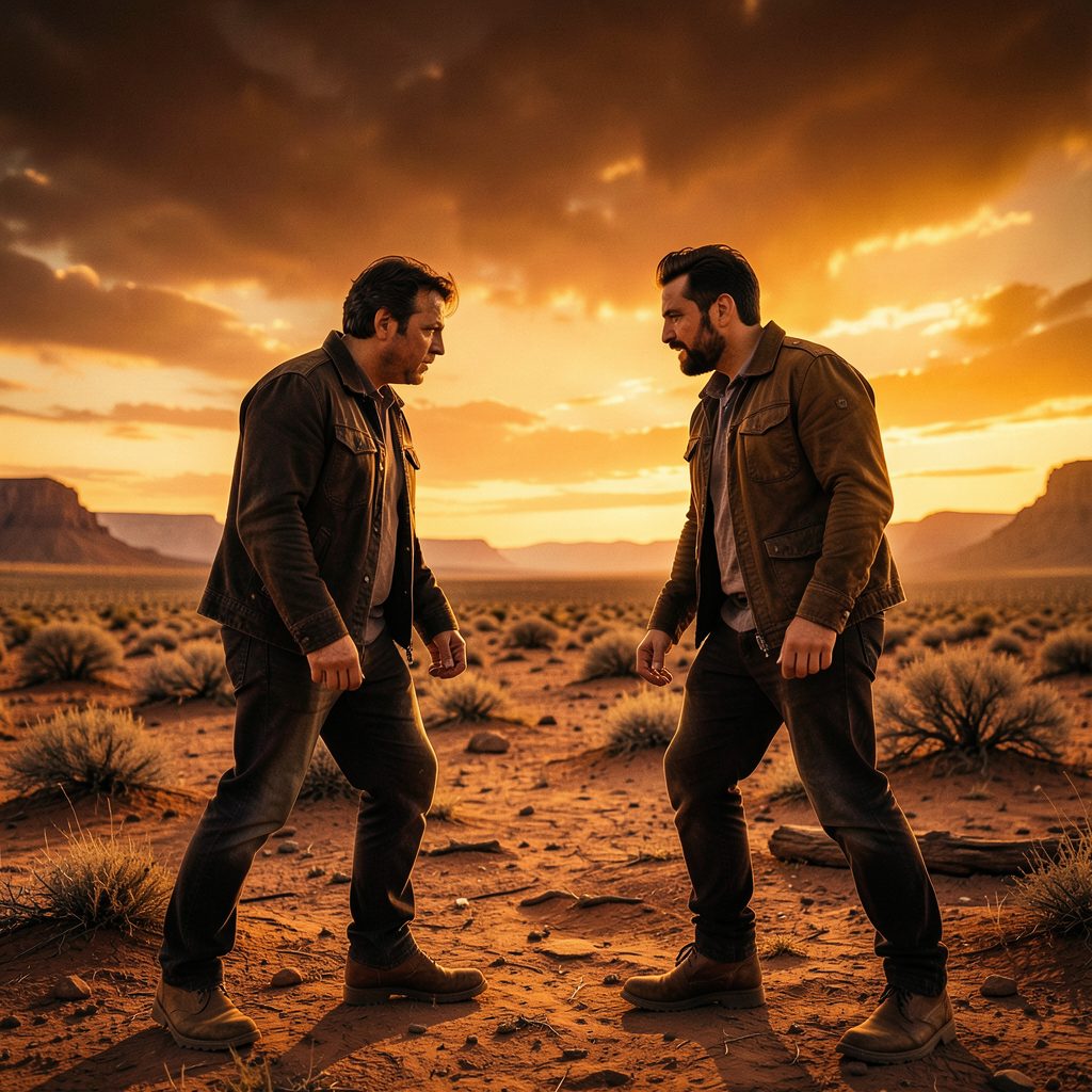Dramatic comic cover with warm amber and rust tones, two figures facing off in a desolate landscape