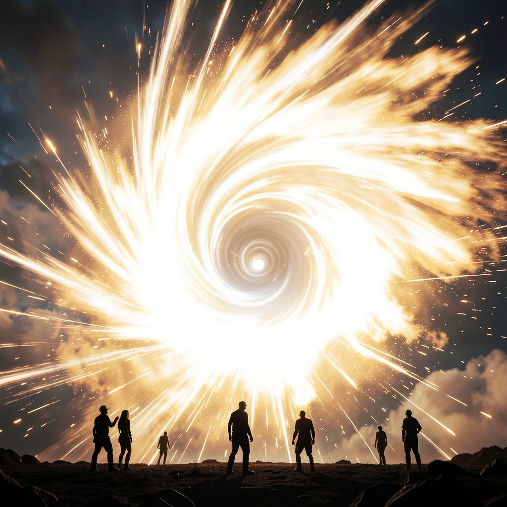 A climactic scene of a vortex collapsing in a burst of white and gold energy, with silhouetted figures watching from a safe distance.