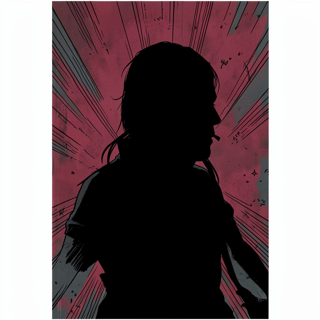 An alternate comic cover in deep crimson and charcoal, with bold graphic linework and a dramatic central silhouette