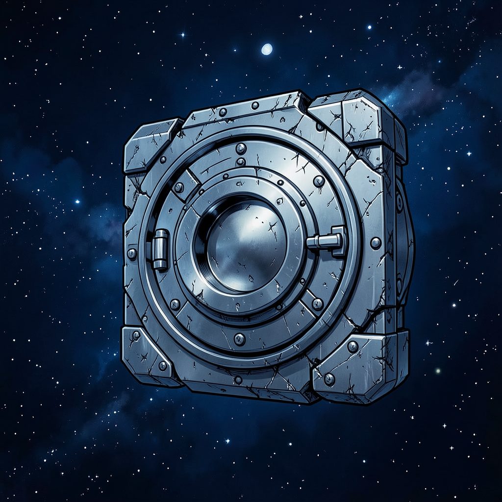 Comic book cover in deep navy and silver tones, featuring a sealed vault door floating in space.
