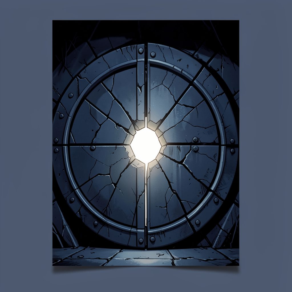 Comic book cover in dark indigo and charcoal, depicting a cracked vault door with light spilling through.