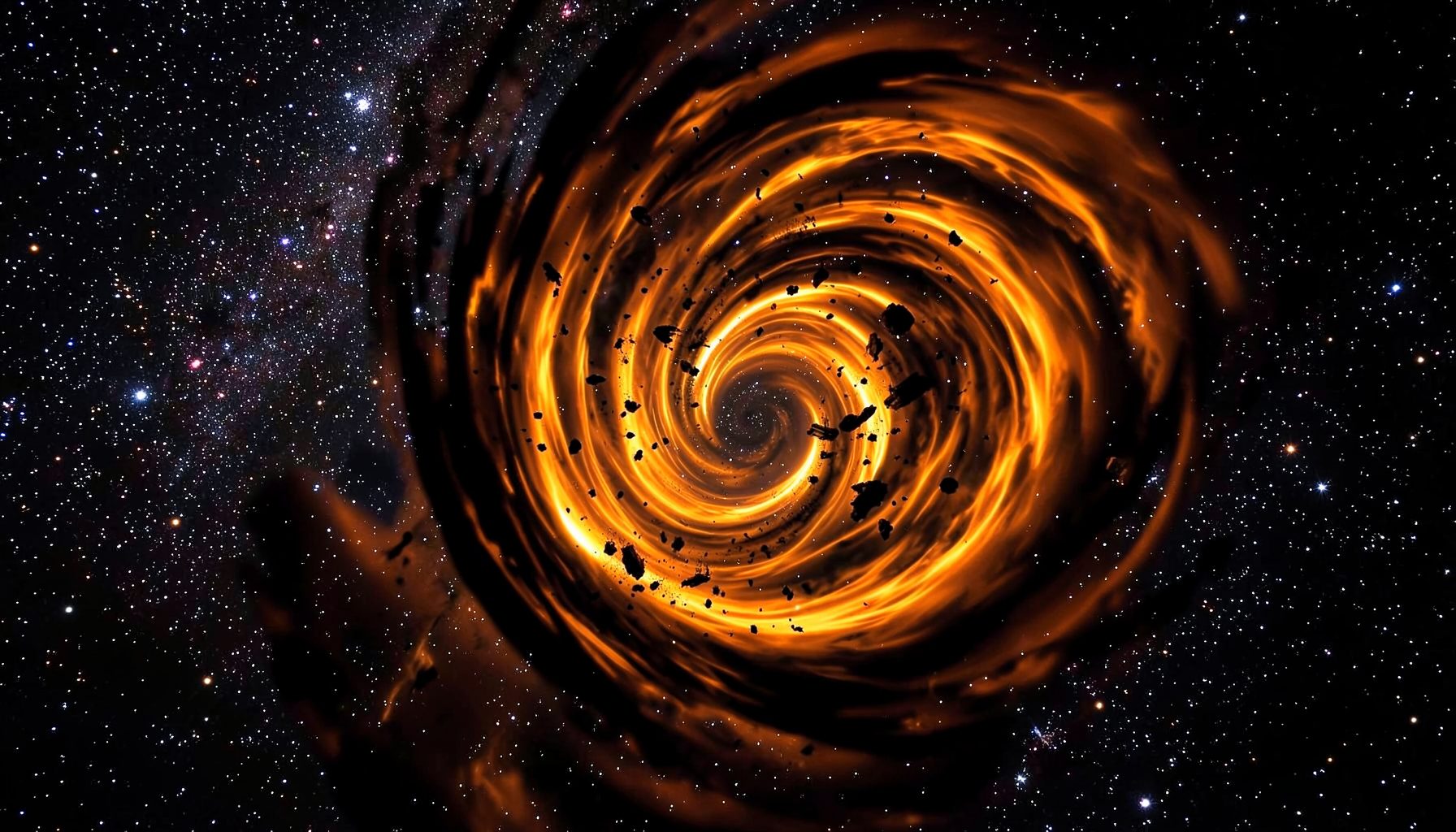 A swirling vortex of orange and black energy pulling debris into its center, set against a starfield