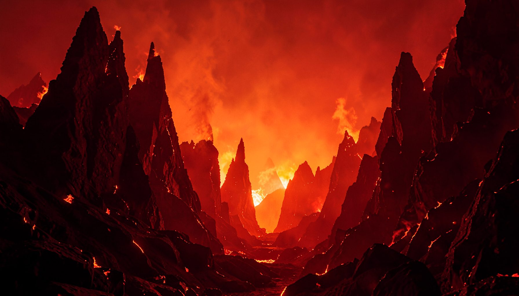 A fiery underworld landscape in deep reds and oranges, jagged rock formations silhouetted against molten light