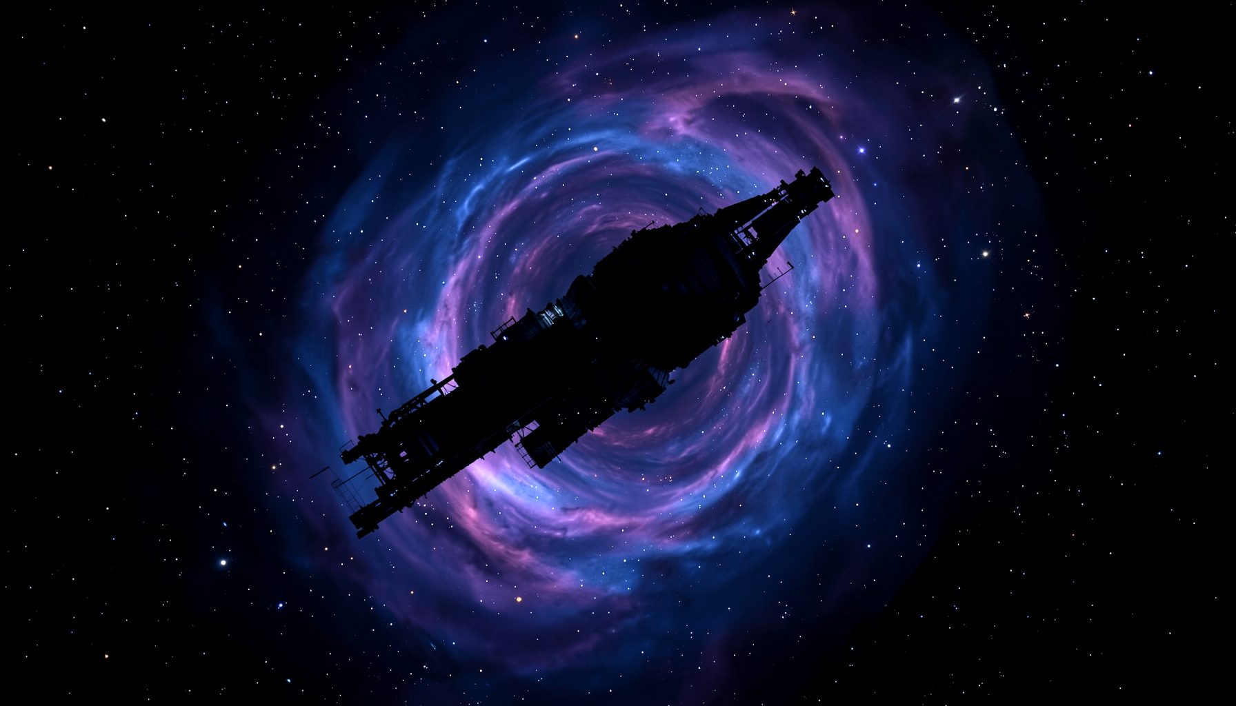 Deep cosmic blues and swirling violet nebula gases frame a dark silhouette of a space station caught in a gravitational vortex, with scattered stars against a black void.