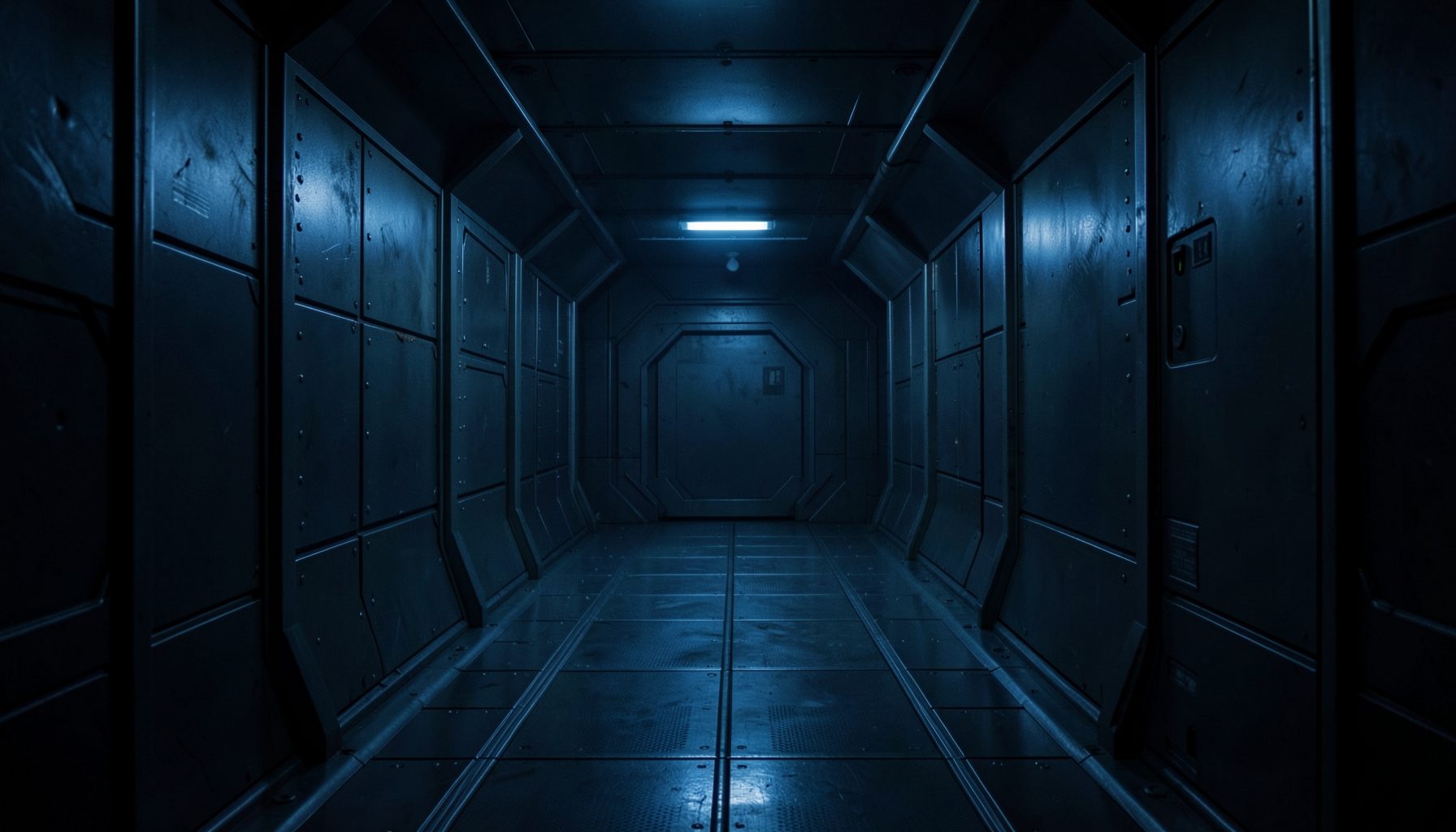 Dark, moody science-fiction corridor with metallic walls and deep blue shadows, evoking a sealed vault in space.