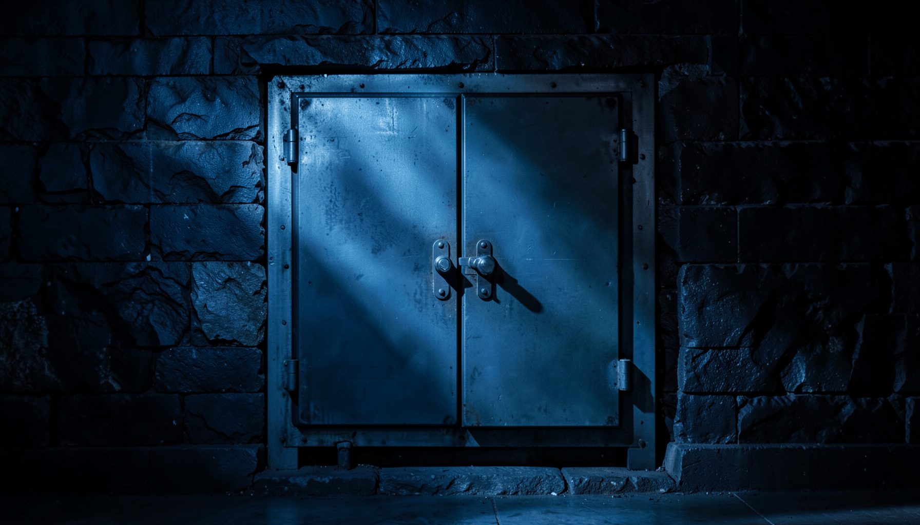A metallic vault door set into a dark stone wall, cold blue lighting casting long shadows, industrial and ominous