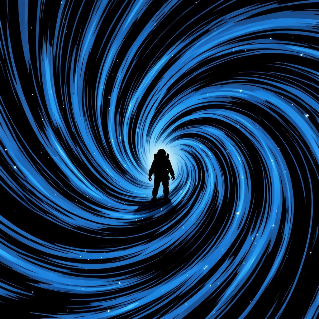 A comic book cover dominated by swirling indigo and black vortex spirals, with a lone astronaut figure silhouetted against the cosmic whirlpool.