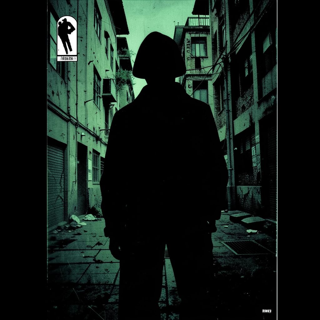 A dark comic book cover with moody green and black tones, featuring a shadowy figure against a textured urban backdrop