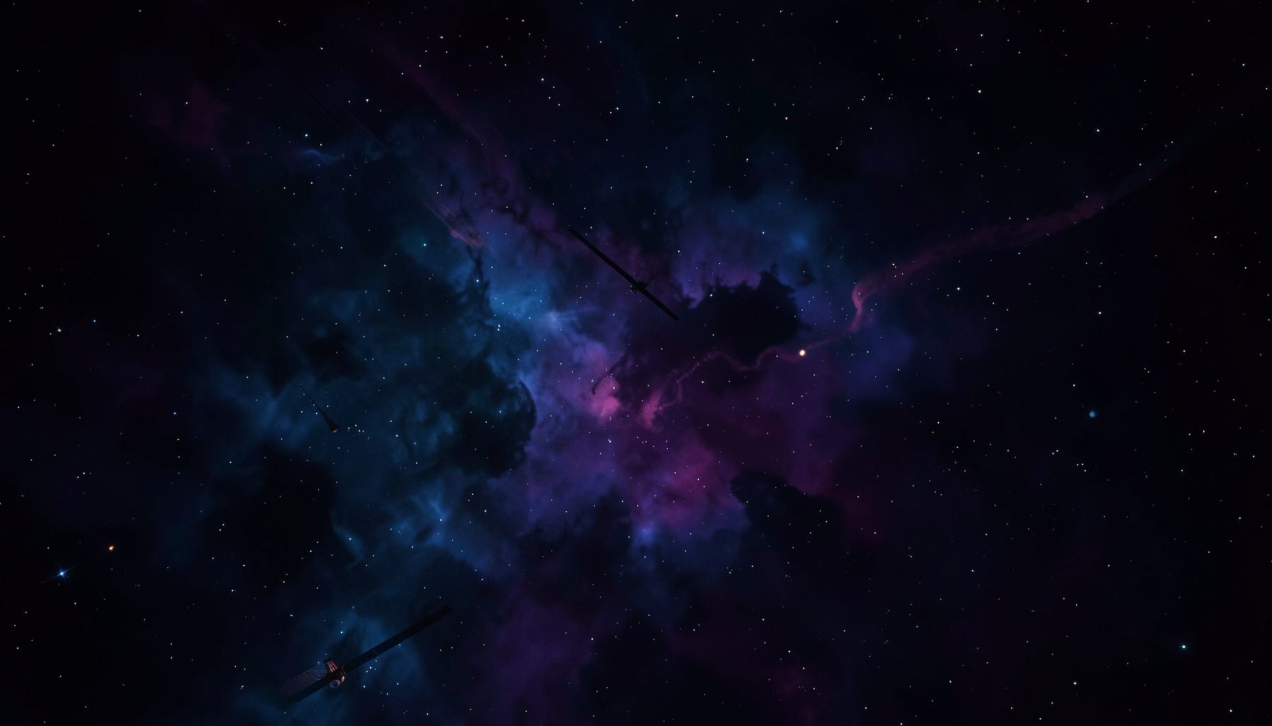 A dark cosmic scene with swirling nebula clouds in deep blues and purples, scattered stars, and a faint silhouette of a space station against the void