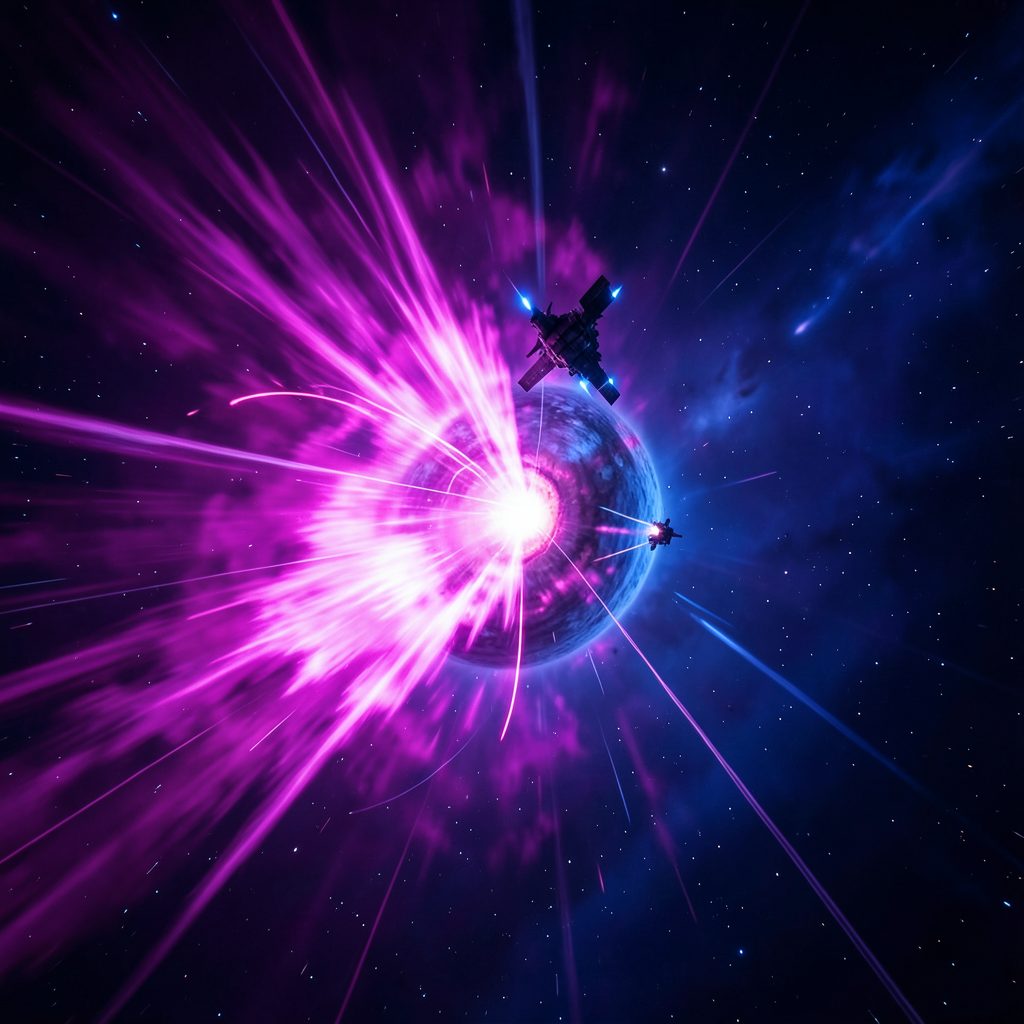 An expanding shockwave of magenta and cobalt light erupting from a collapsing star, with a tiny ship racing away.