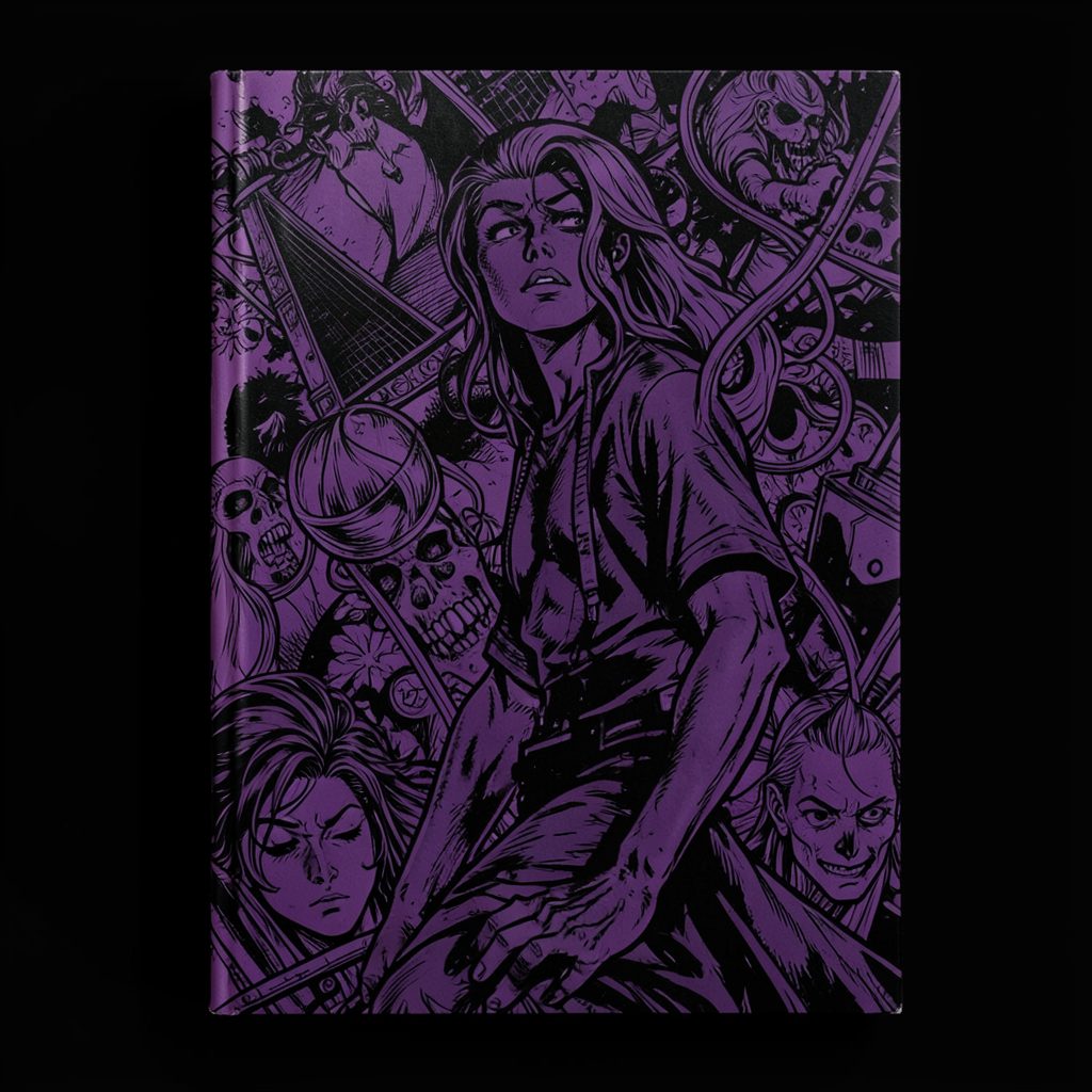 A dark, richly colored comic cover with deep violet and black tones, featuring intricate illustrated details