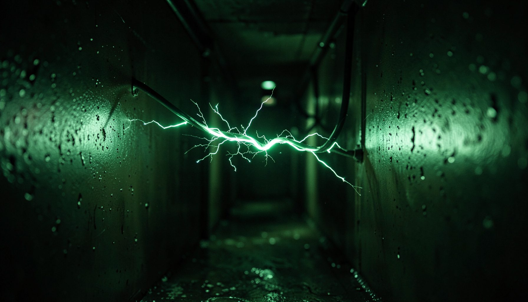 A twitching electrical cable sparking in a dark corridor, eerie green glow reflecting off wet metal surfaces