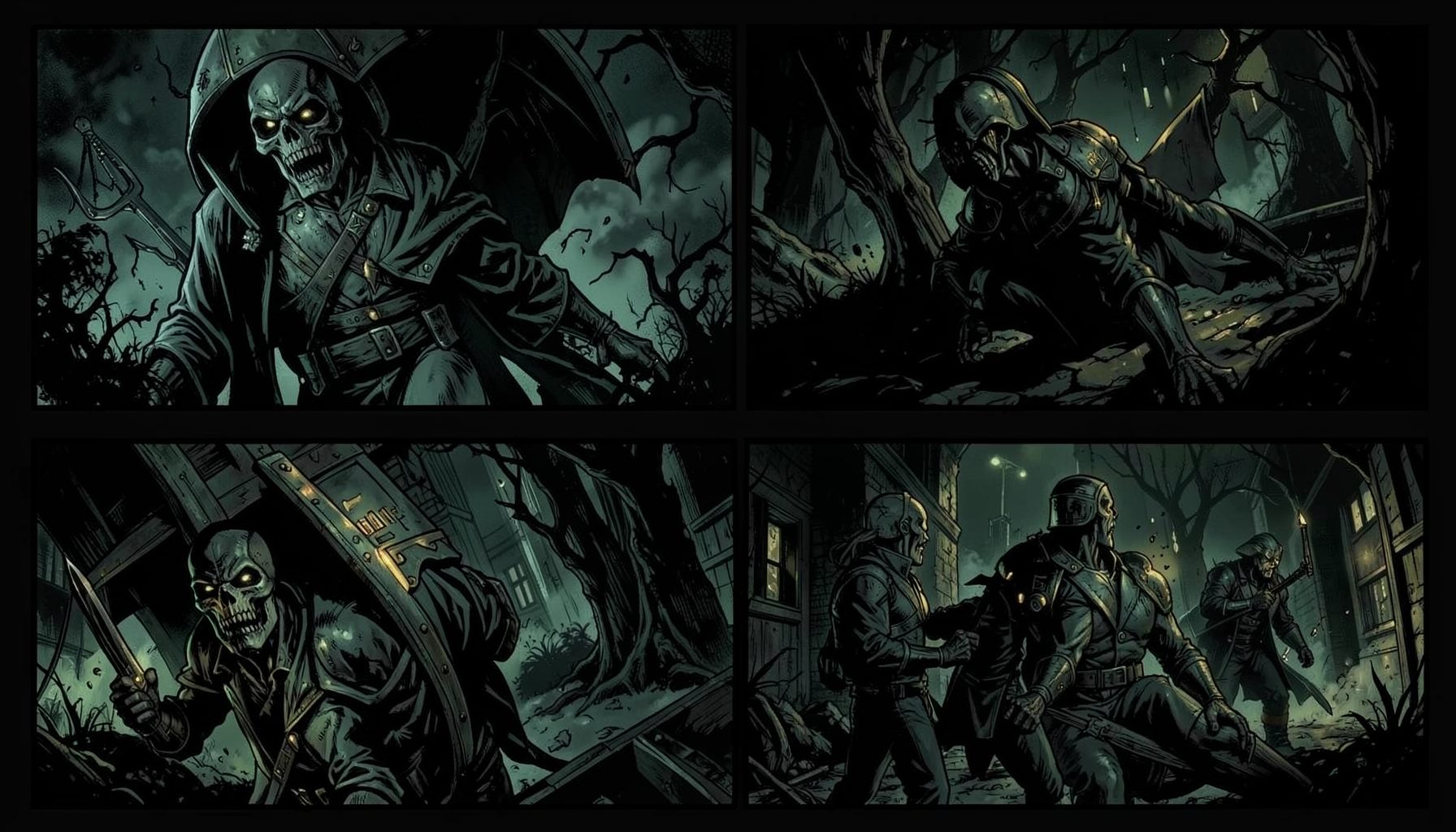 Dark atmospheric comic-book panels with deep greens, inky blacks, and muted gold accents, evoking a moody horror-science-fiction aesthetic.