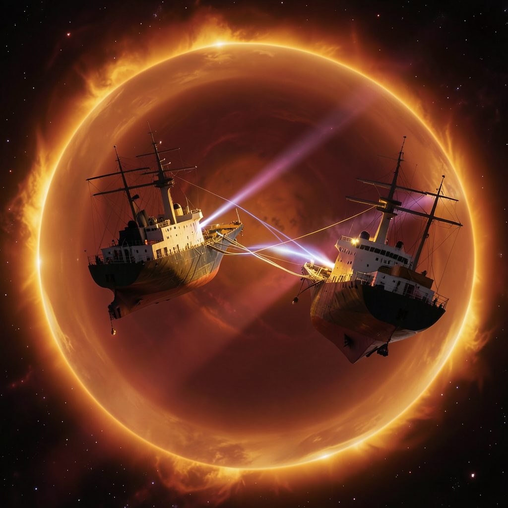 Two ships locked in a tractor beam struggle near the event horizon, bathed in amber and deep crimson light.