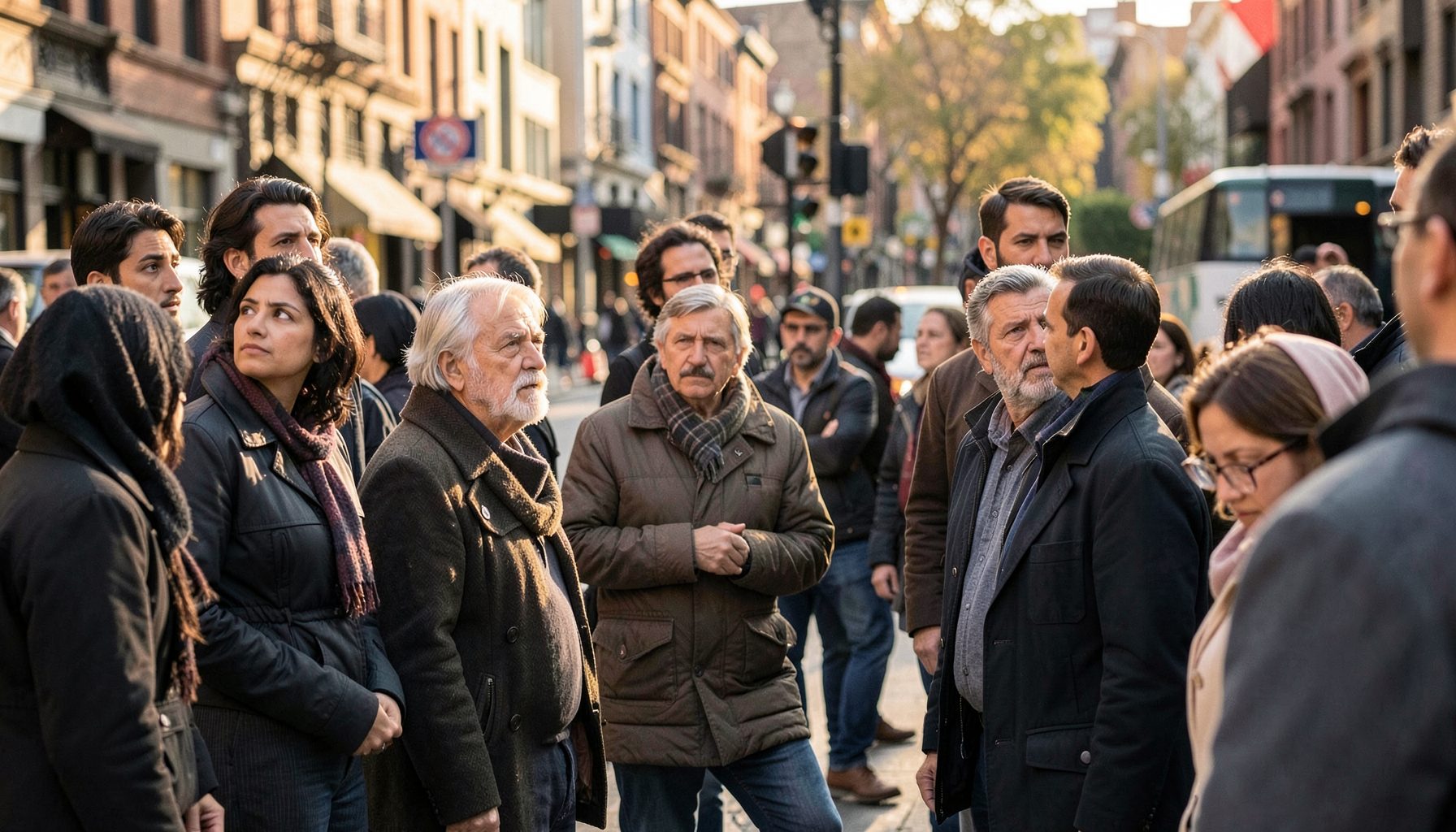 Ordinary people gathered on a city street corner, warm daylight tones, a sense of quiet tension in their expressions