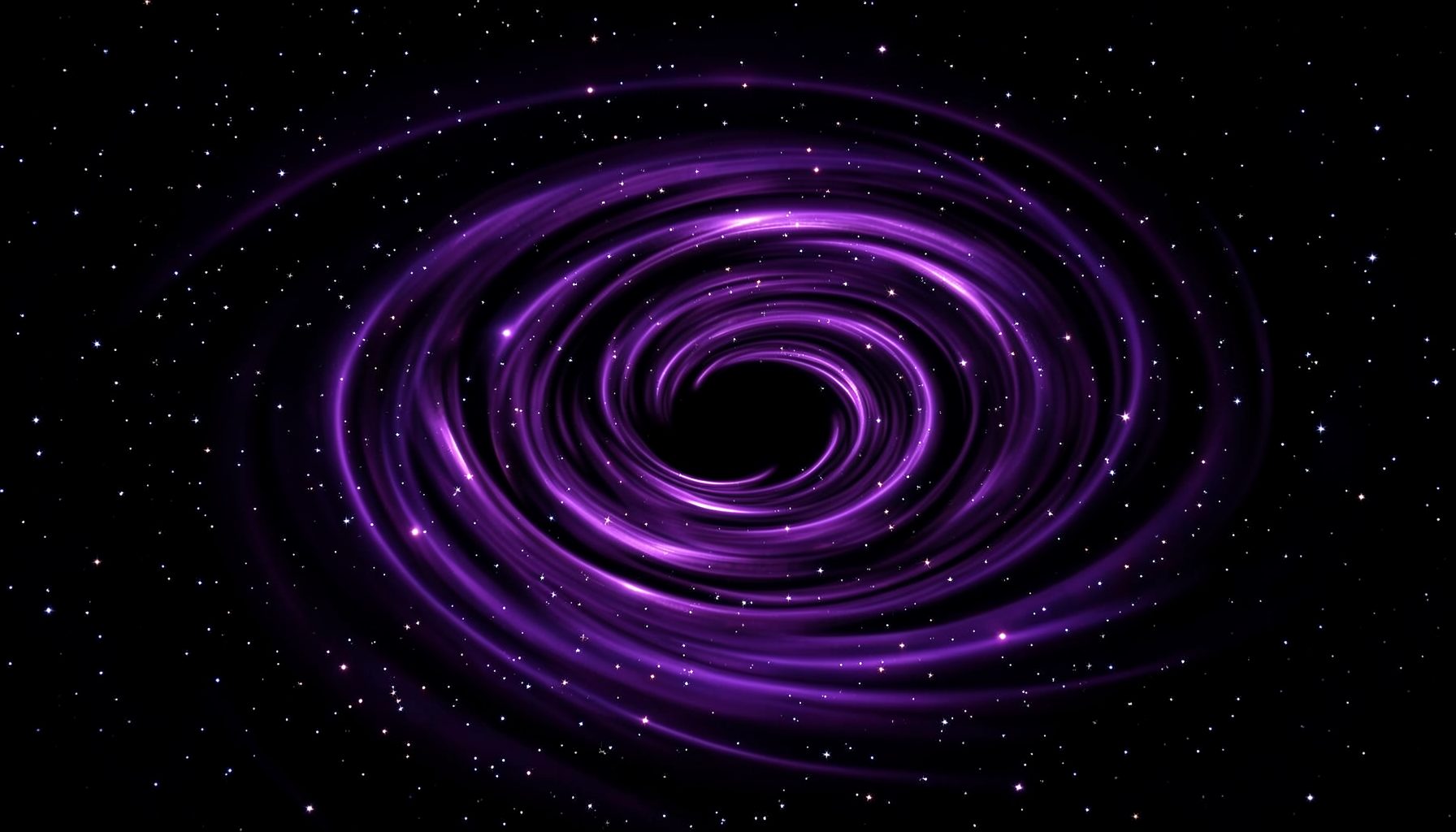 A second vortex forming in deep space, concentric rings of violet and black pulling starlight inward