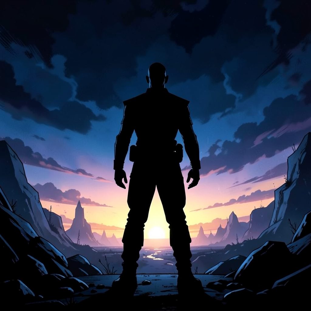 Comic book cover with dark, moody sci-fi tones, deep blues and blacks with a stark central figure silhouetted against a glowing horizon