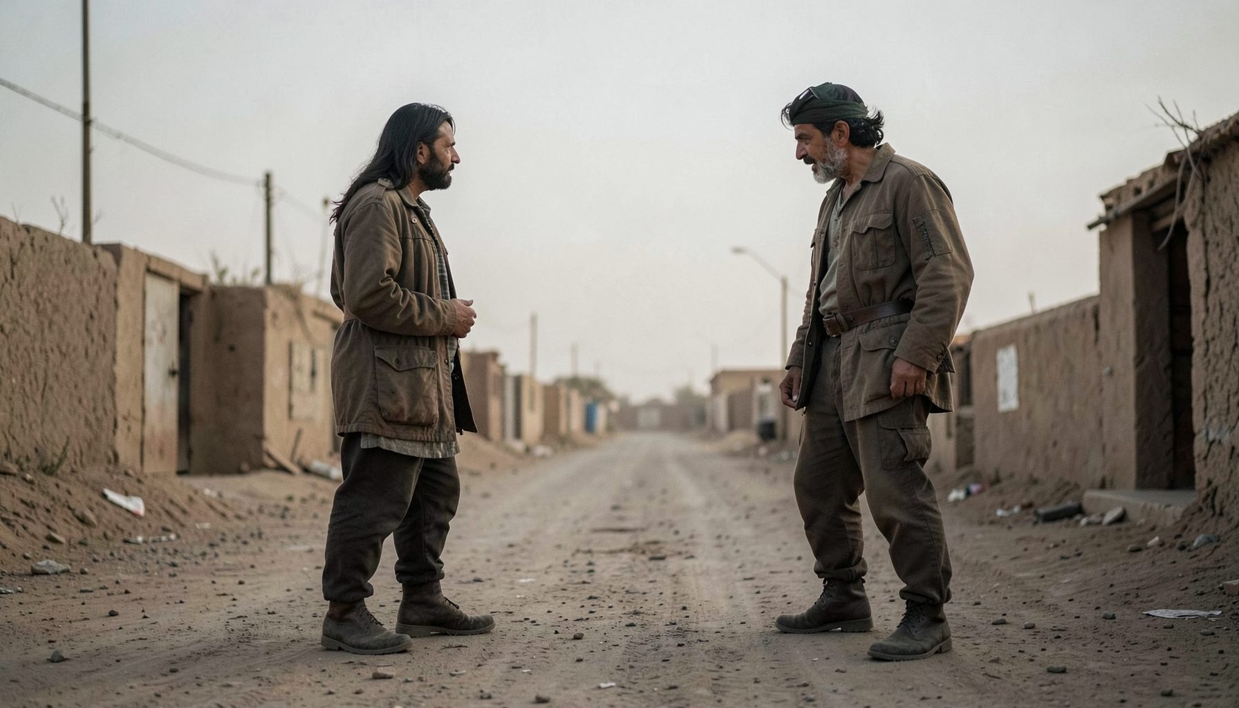 A tense standoff scene in muted desert tones, two figures facing each other across a dusty street under a pale sky