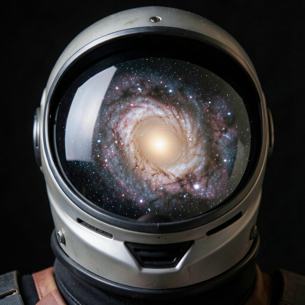 A close-up of a helmet visor reflecting a spiraling galaxy, set against a charcoal-black space background.