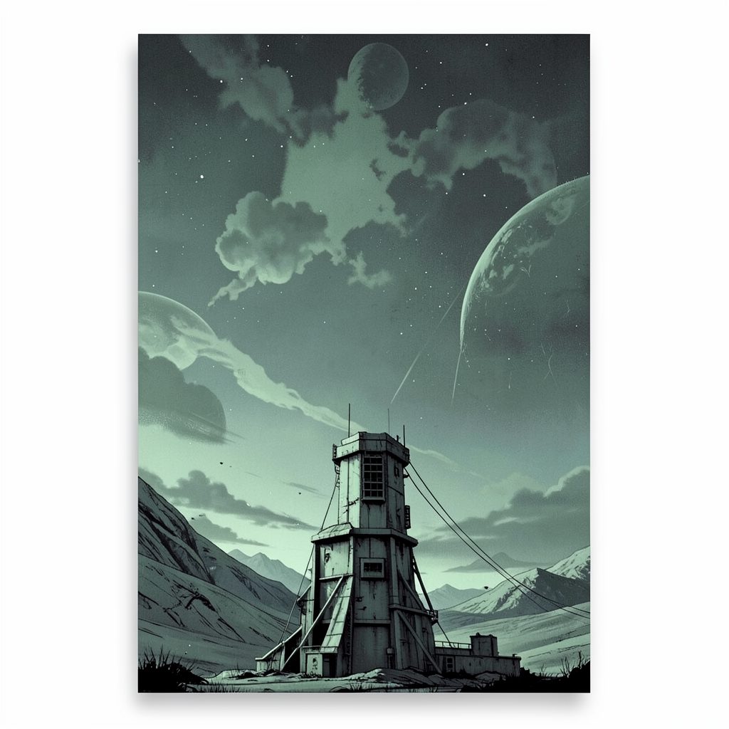 Tense sci-fi comic cover in muted greens and grays, featuring a lone structure against an alien sky