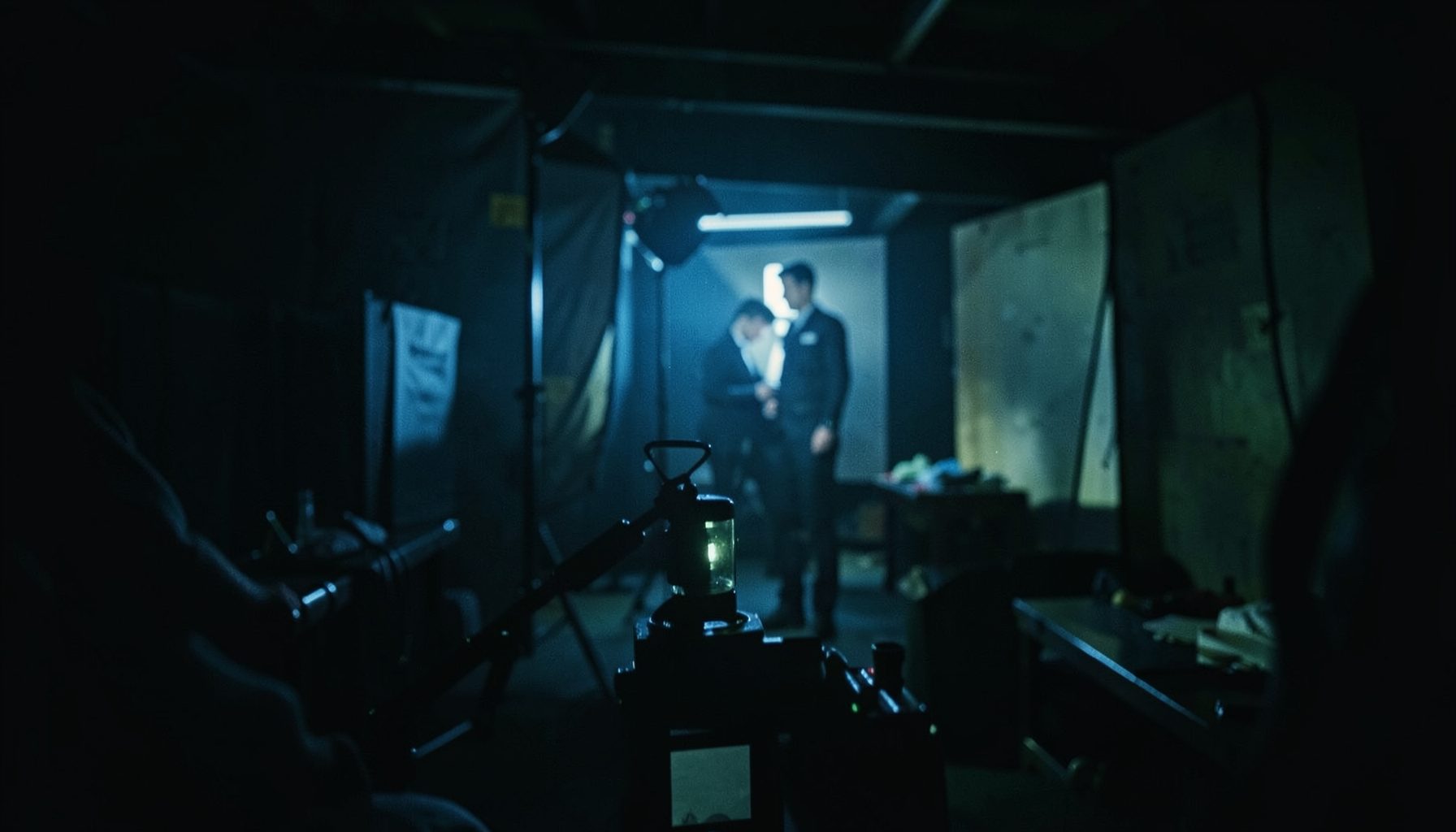 A dark cinematic frame with moody blue and green lighting, suggesting a behind-the-scenes look at comic book production