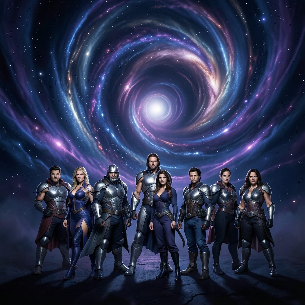 A trade paperback cover featuring the full Vortex team assembled beneath a swirling cosmic vortex, in rich navy, violet, and silver tones.