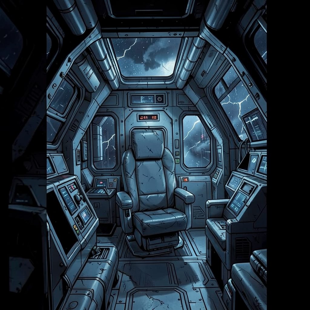 Sci-fi horror comic cover in cold steel blues and shadowy blacks, a spacecraft interior with tension in the air