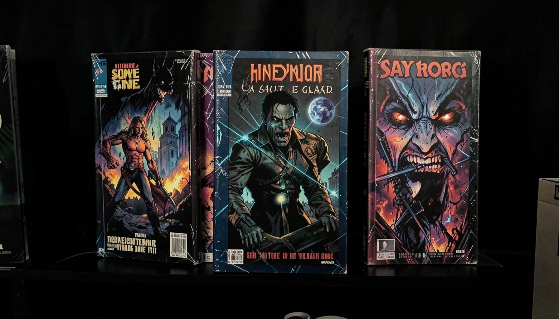 A moody comic-book display with dark covers featuring horror and science fiction artwork, deep blacks and vivid accent colors against a shadowed backdrop