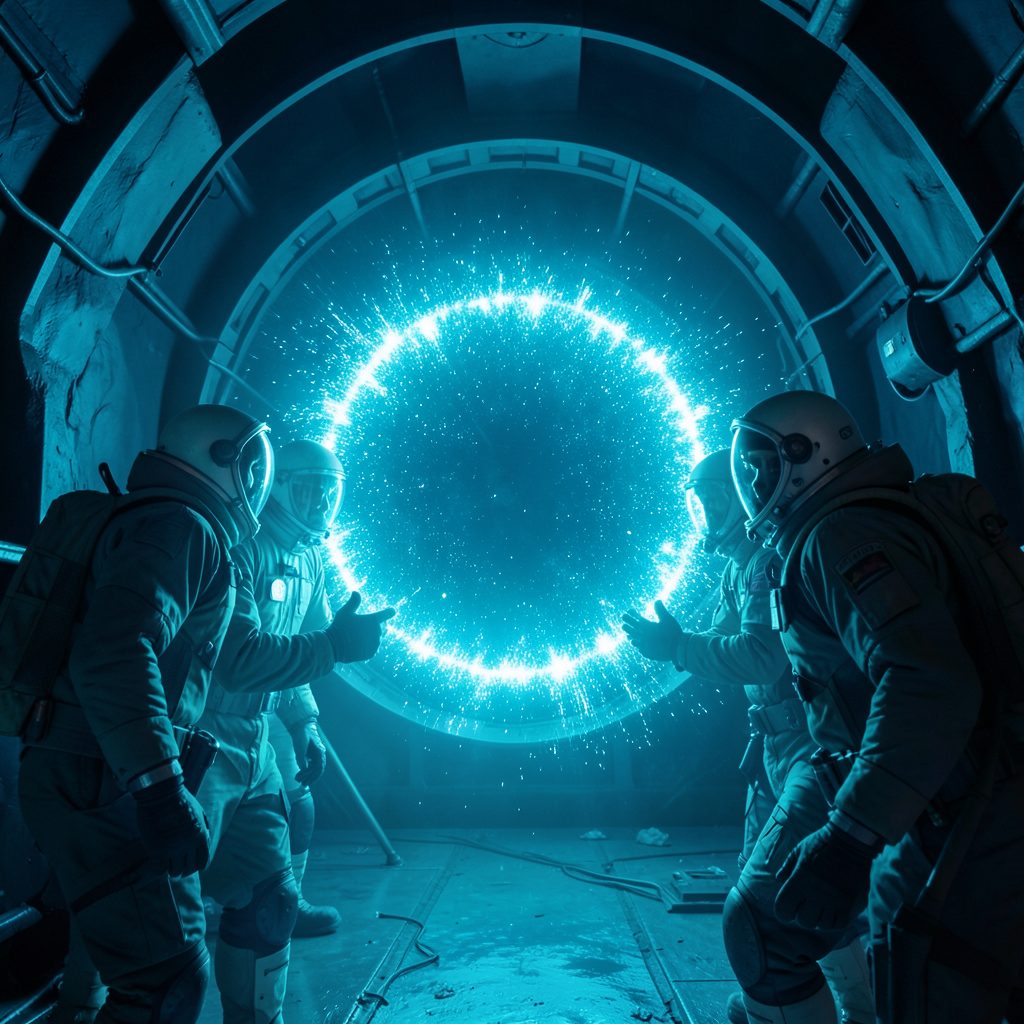Crew members in pressure suits confronting a shimmering portal, rendered in cool teal and deep navy tones.
