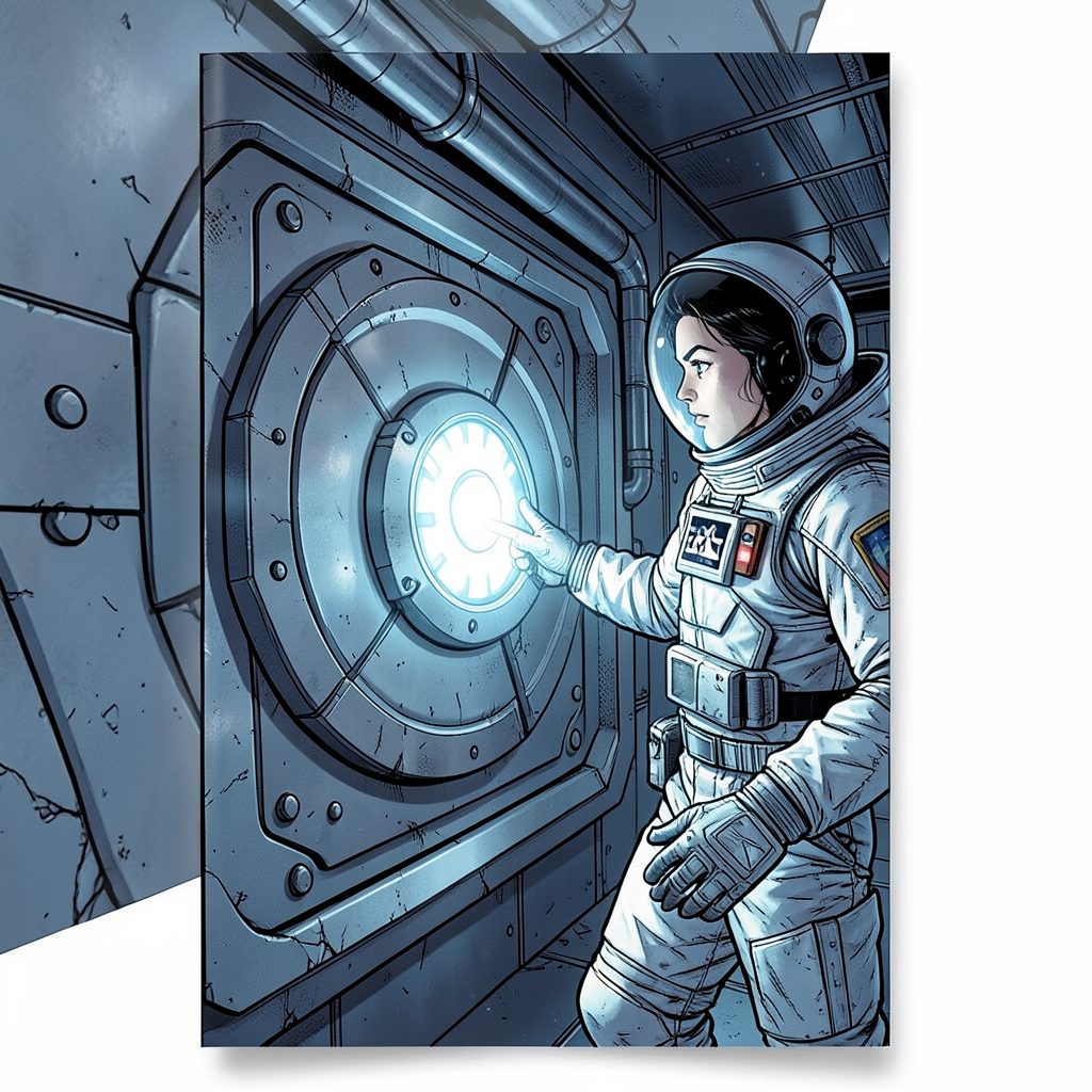 Comic book cover with cool blue and steel-gray palette, showing an astronaut reaching toward a glowing vault panel.