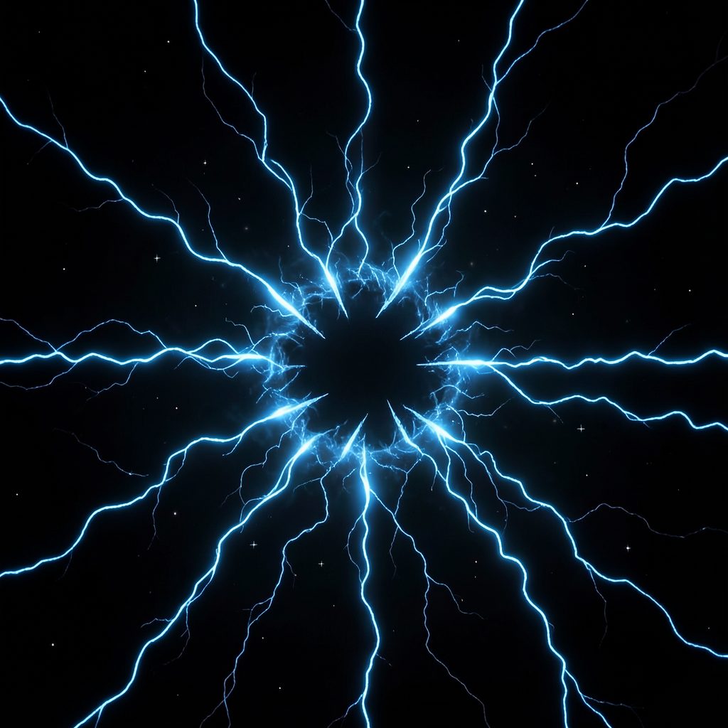 Dark space backdrop with electric blue energy tendrils radiating from a central rift, evoking tension and mystery.