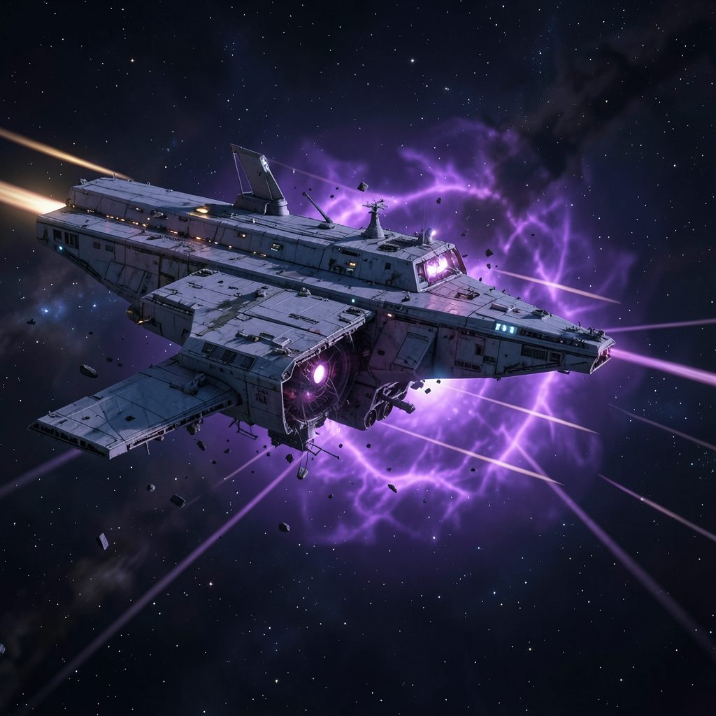 A damaged spacecraft drifting near a pulsing violet anomaly, with debris trails catching faint starlight.